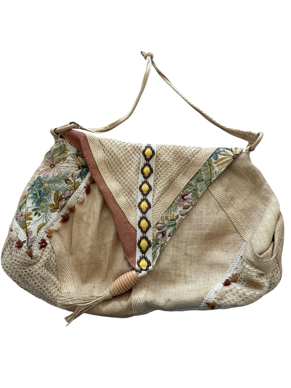Vintage Made in Italy Beige Boho Embroidered Shoulder Bag